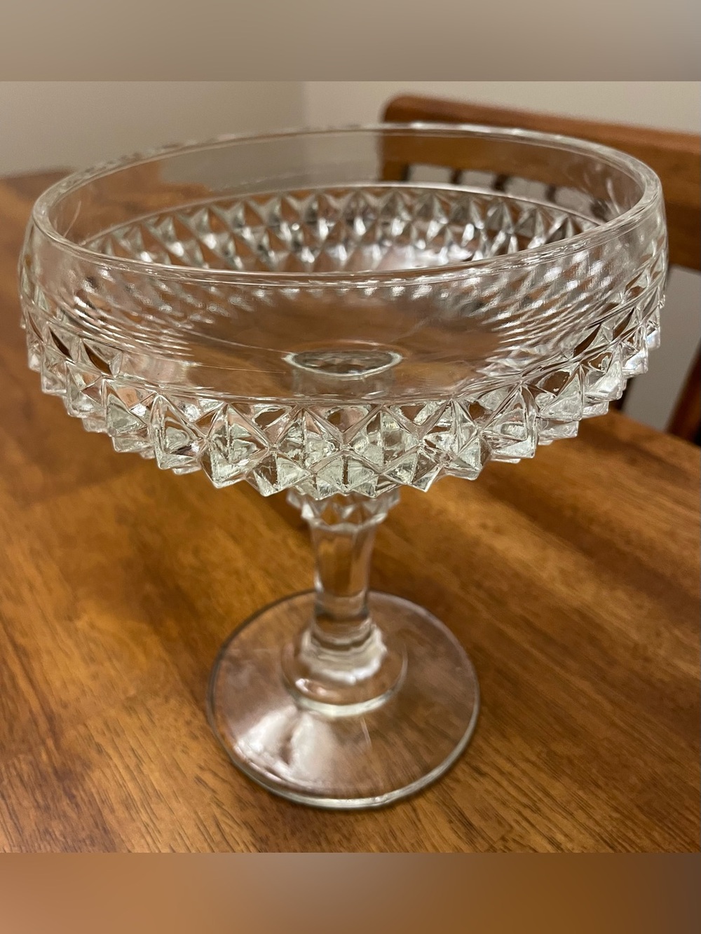 Vintage Indiana Clear Cut Glass Diamond Point Pedestal Bowl Compote Candy Dish